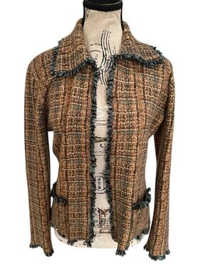 Neiman Marcus 100% Cashmere Cardigan Blazer Fringe Trim FLAW Small Soft Office